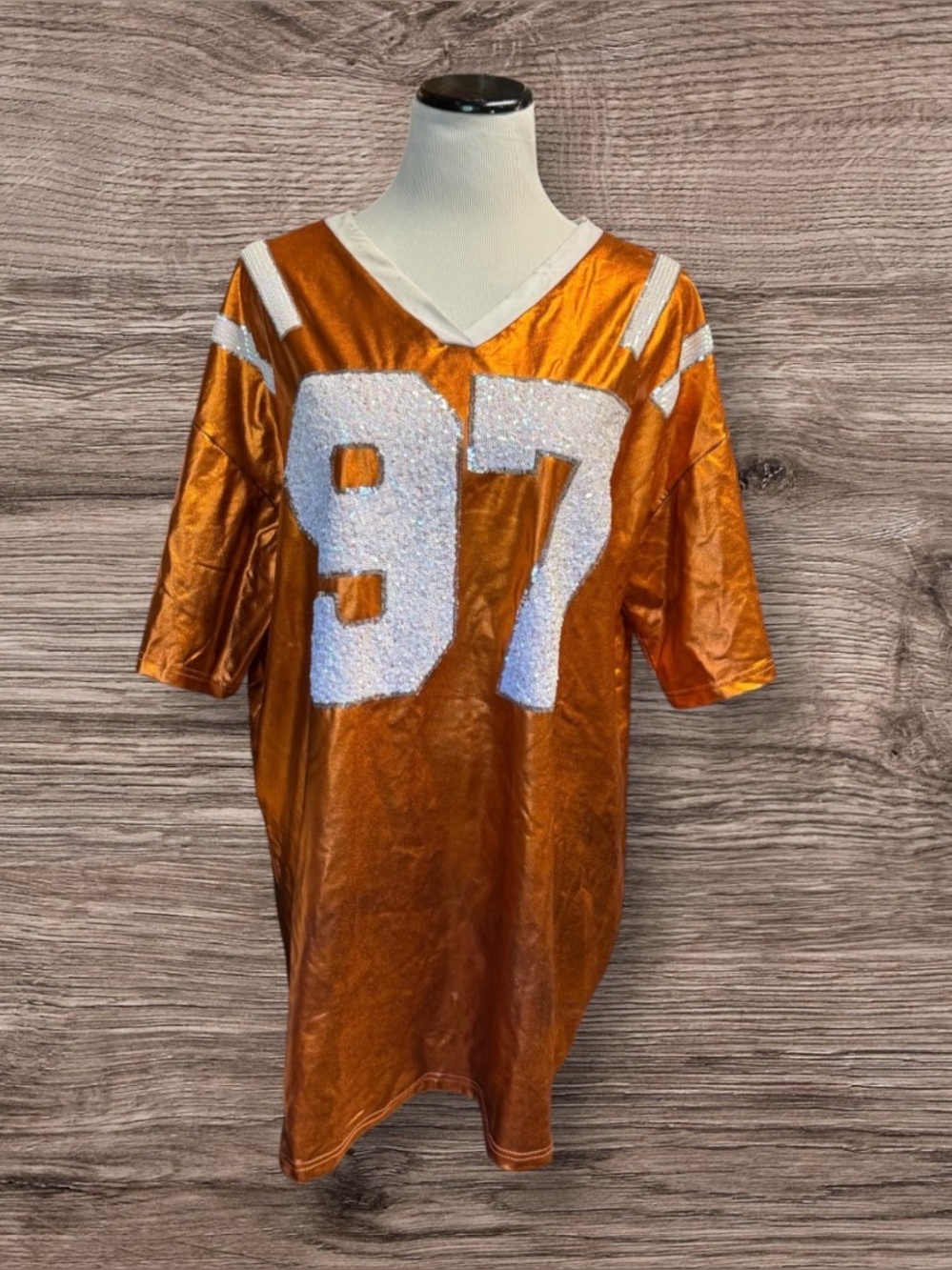 Tennessee orange metallic or faux-leather game day jersey-style mini dress